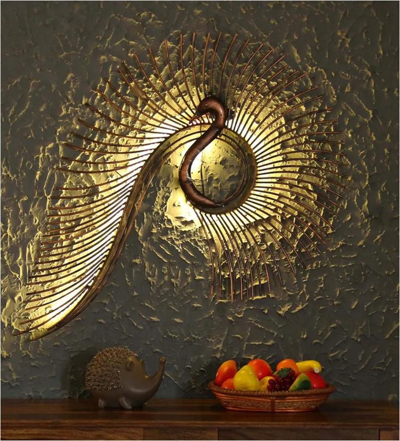 Contemporary Pipe Peacock Metal Wall Hanging with LED (55 x 27 Inches)