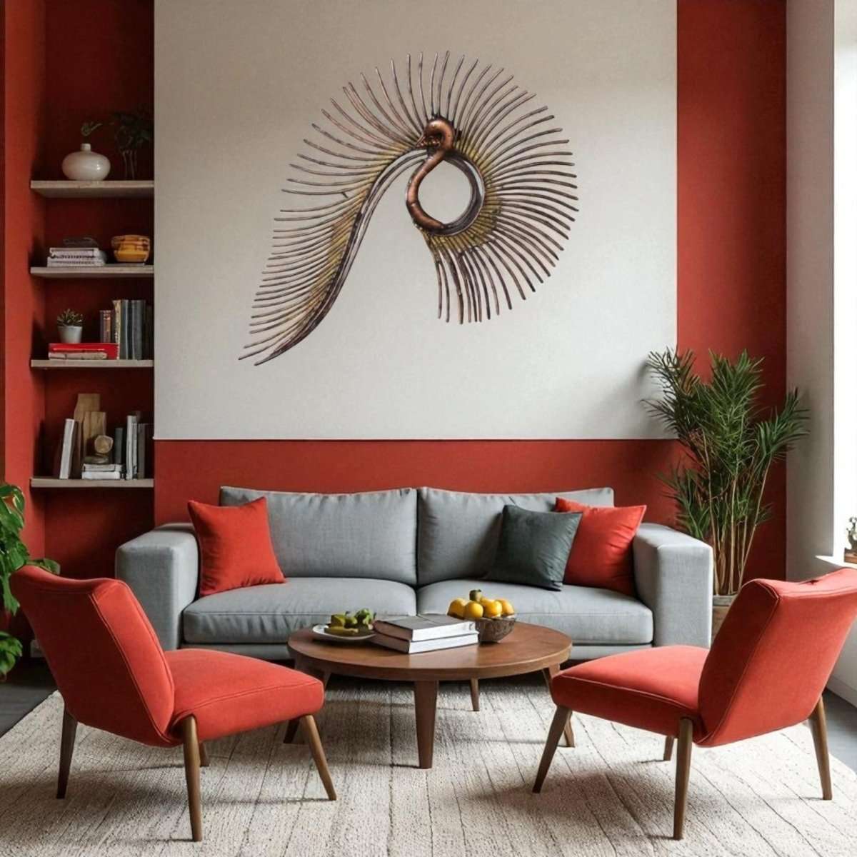 Contemporary Pipe Peacock Metal Wall Hanging with LED (55 x 27 Inches)