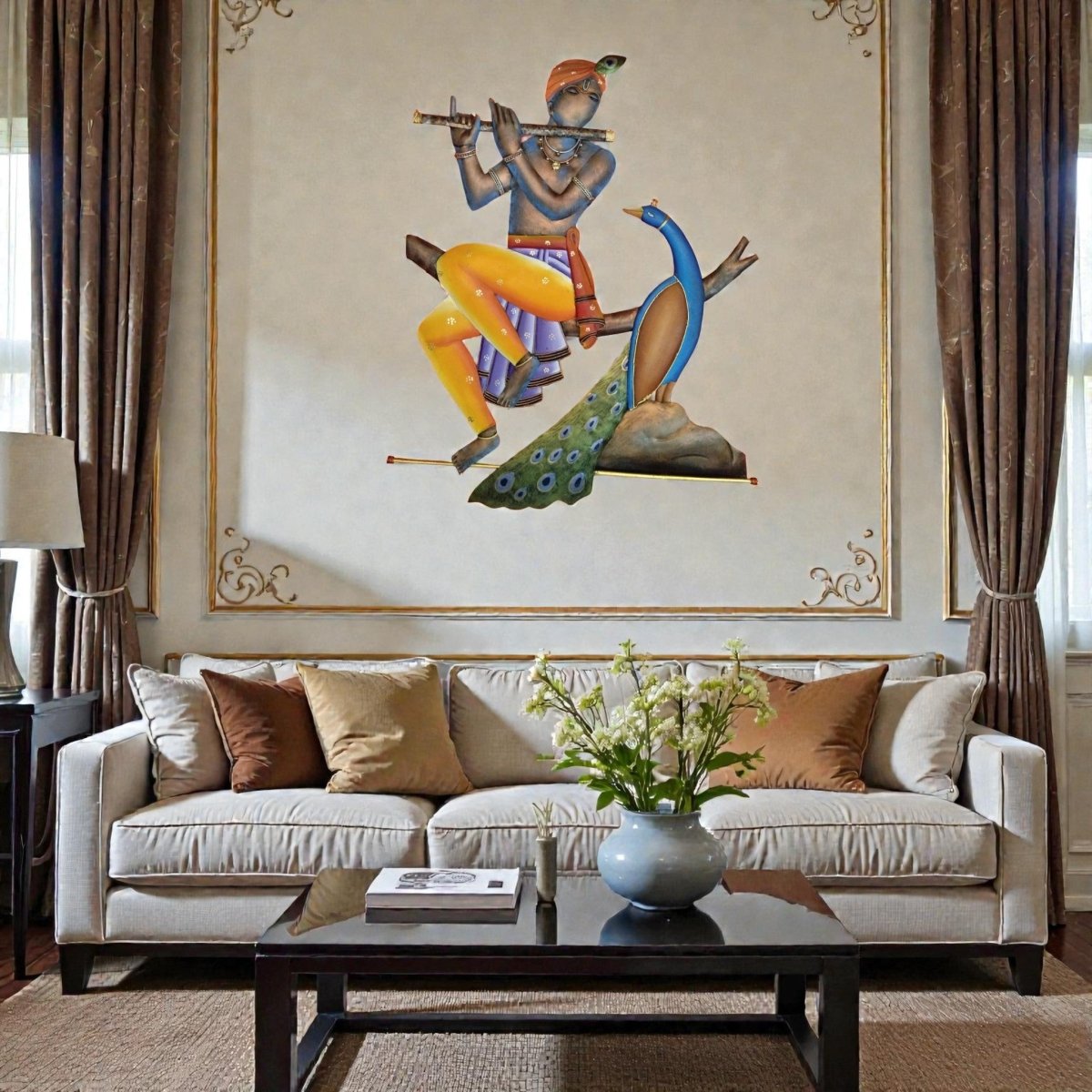 Divine Echoes: Hand - Painted Iron Krishna & Peacock Sculpture (28 x 24 Inches)