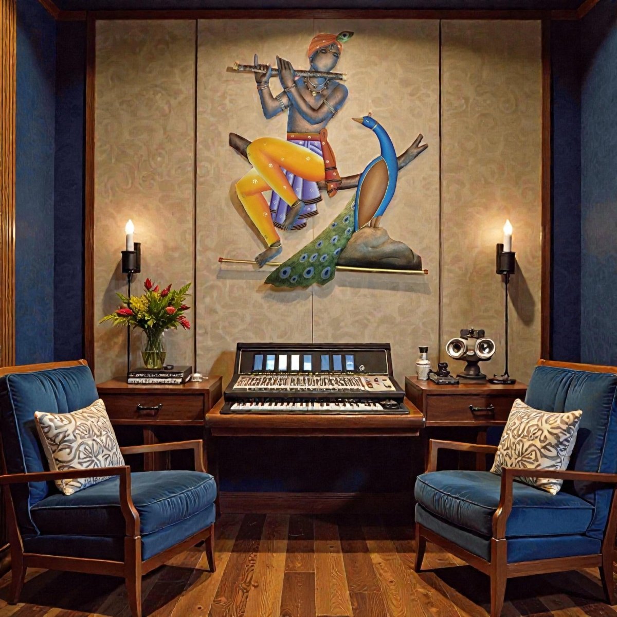 Divine Echoes: Hand - Painted Iron Krishna & Peacock Sculpture (28 x 24 Inches)