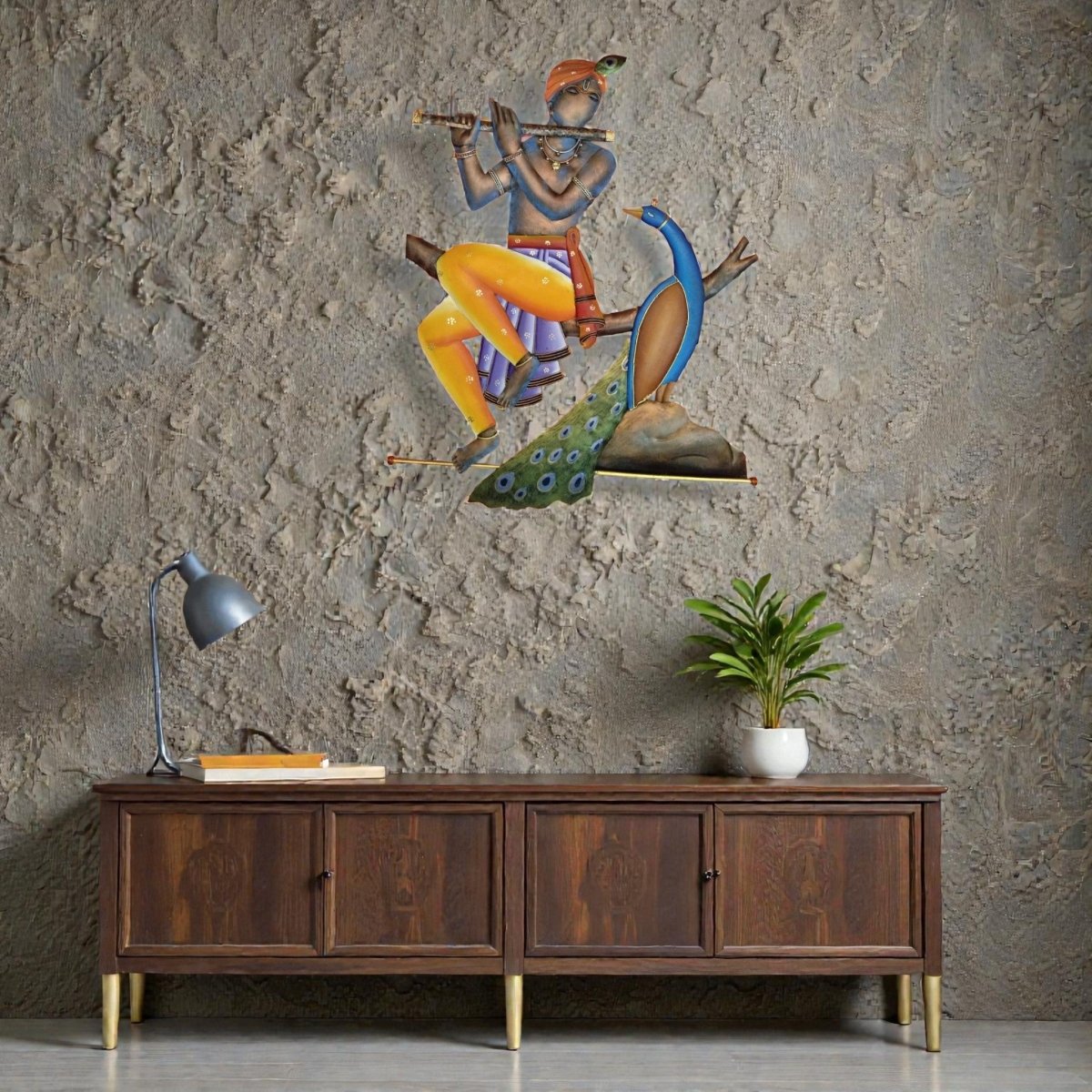 Divine Echoes: Hand - Painted Iron Krishna & Peacock Sculpture (28 x 24 Inches)