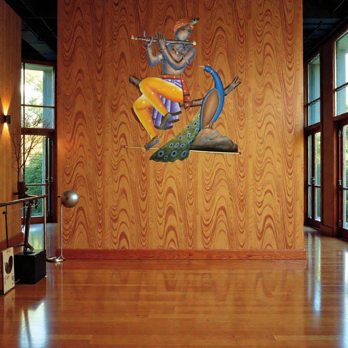 Divine Echoes: Hand - Painted Iron Krishna & Peacock Sculpture (28 x 24 Inches)