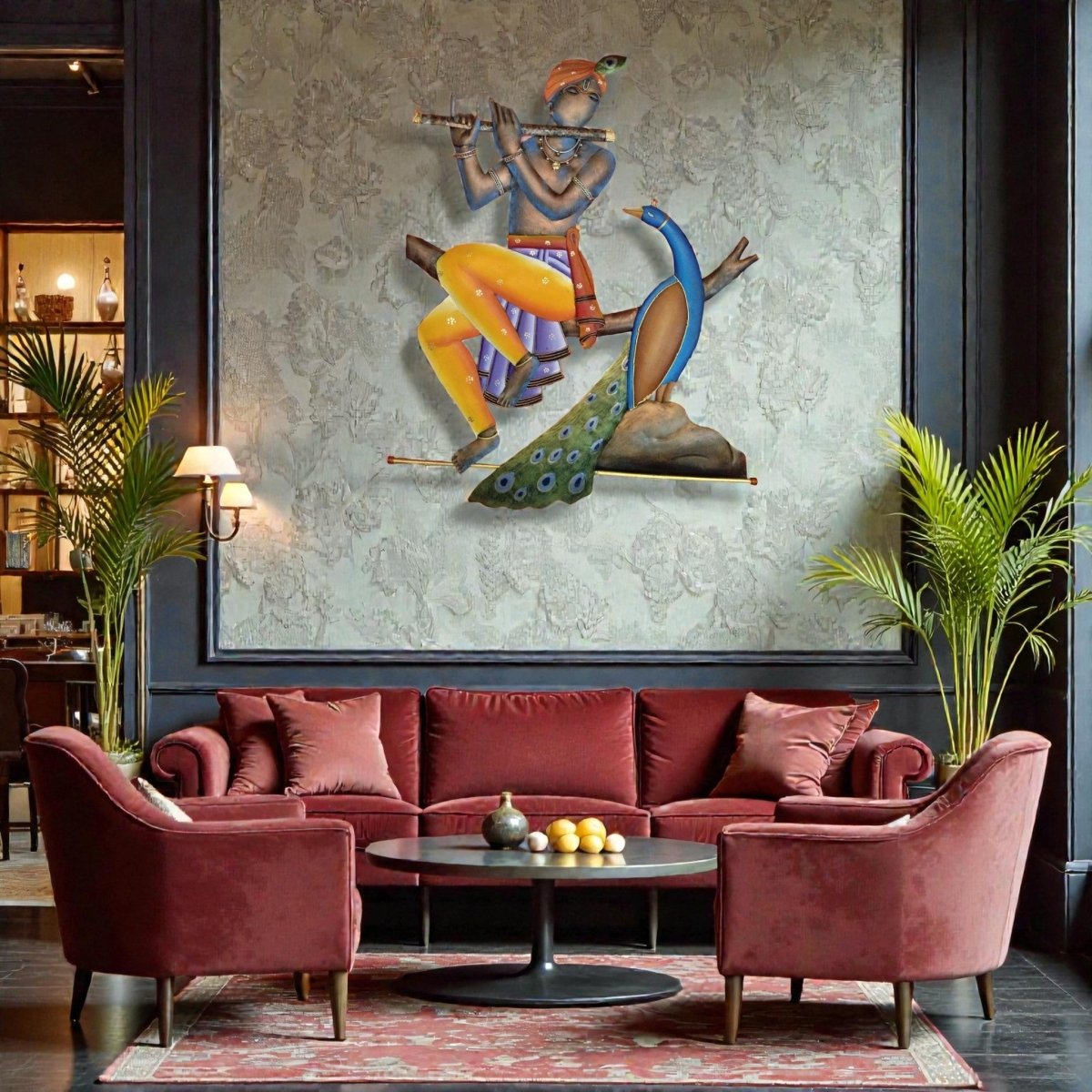 Divine Echoes: Hand - Painted Iron Krishna & Peacock Sculpture (28 x 24 Inches)