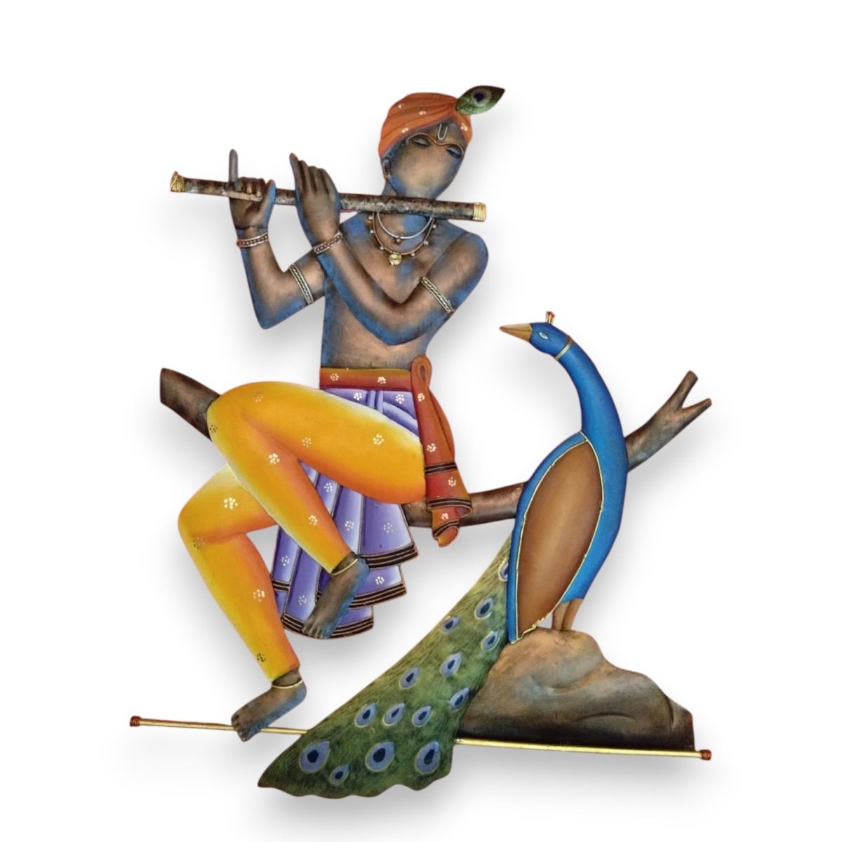 Divine Echoes: Hand - Painted Iron Krishna & Peacock Sculpture (28 x 24 Inches)