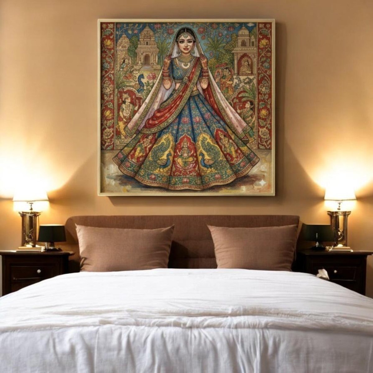 Dulhan Darpan: The Shringar Mural of a Royal Peacock - Adorned Bride (36 x 36 Inches)