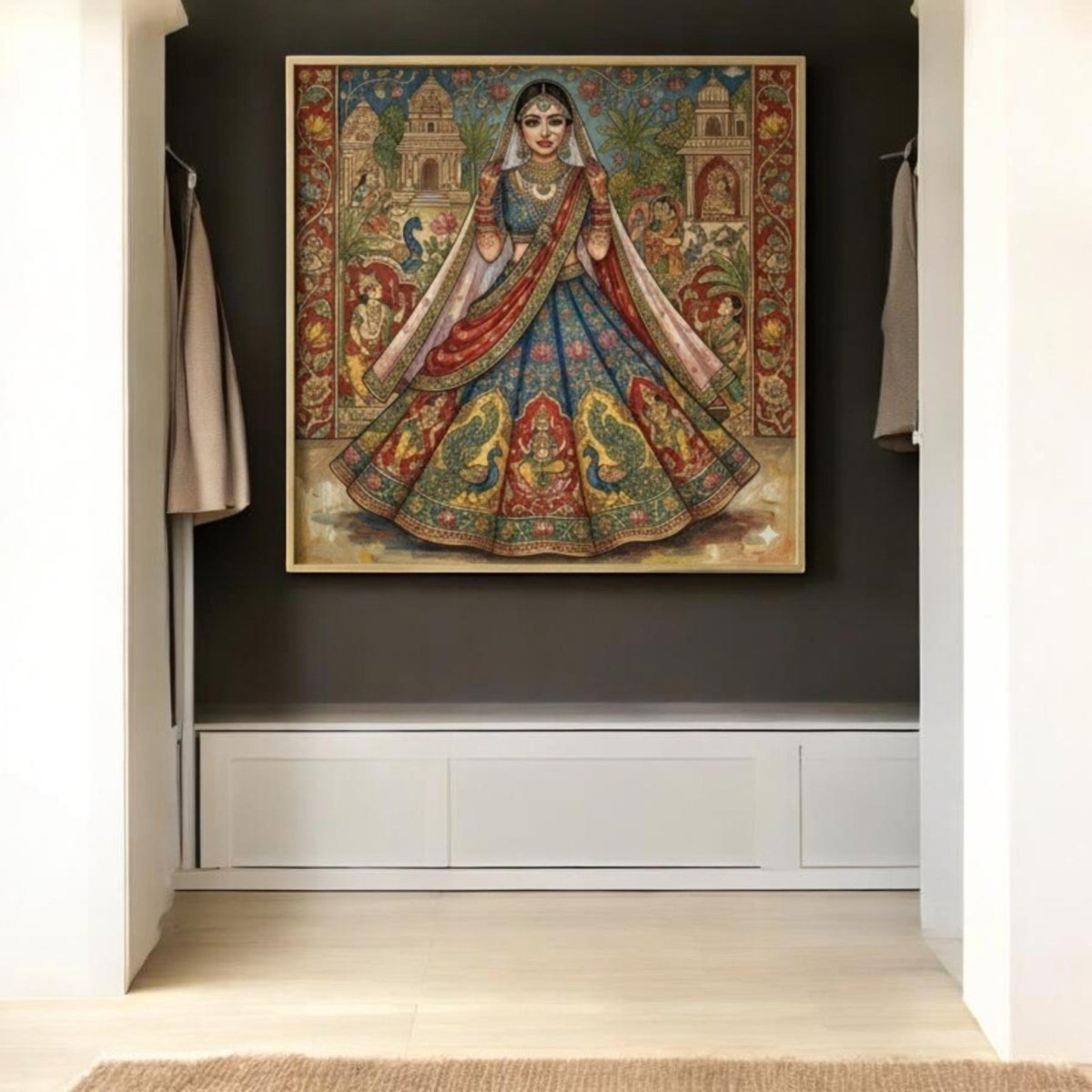 Dulhan Darpan: The Shringar Mural of a Royal Peacock - Adorned Bride (36 x 36 Inches)