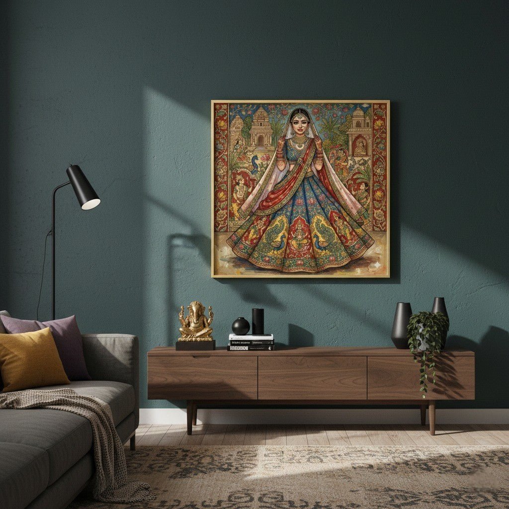 Dulhan Darpan: The Shringar Mural of a Royal Peacock - Adorned Bride (36 x 36 Inches)