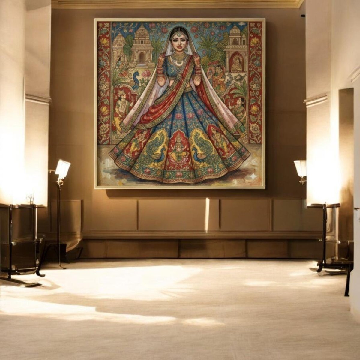 Dulhan Darpan: The Shringar Mural of a Royal Peacock - Adorned Bride (36 x 36 Inches)