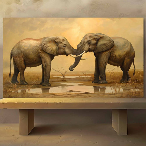 Elephants: The True companions Canvas Wall Painting (36 x 24 Inches)