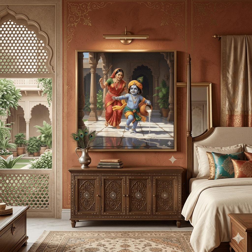 Eternal Bal Leela: The Butter Thief’s Escape: Radiant Bal Krishna & Yashoda’s Joy (36 x 36 Inches)