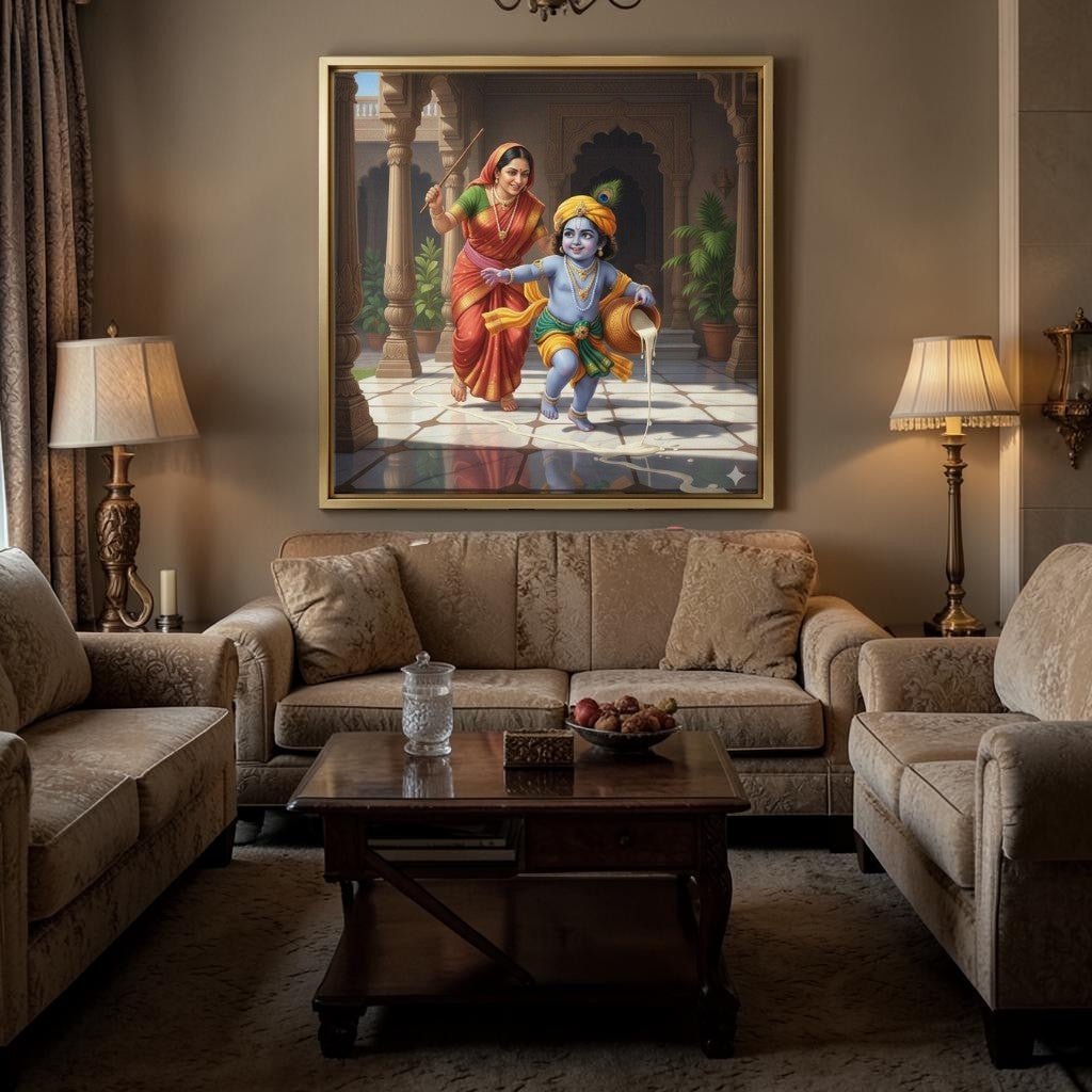 Eternal Bal Leela: The Butter Thief’s Escape: Radiant Bal Krishna & Yashoda’s Joy (36 x 36 Inches)