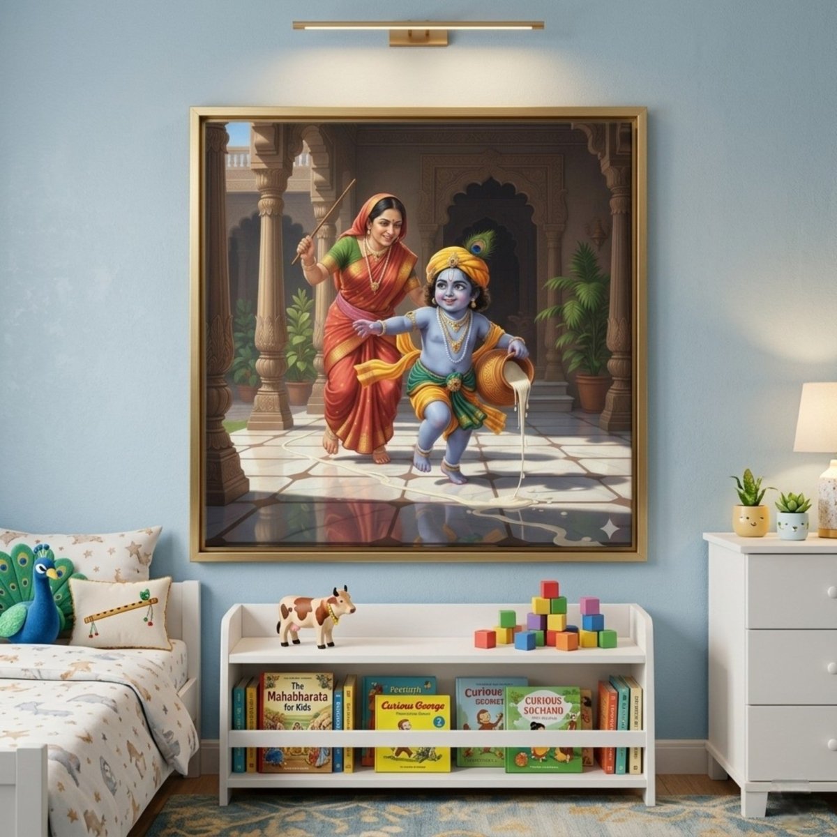 Eternal Bal Leela: The Butter Thief’s Escape: Radiant Bal Krishna & Yashoda’s Joy (36 x 36 Inches)