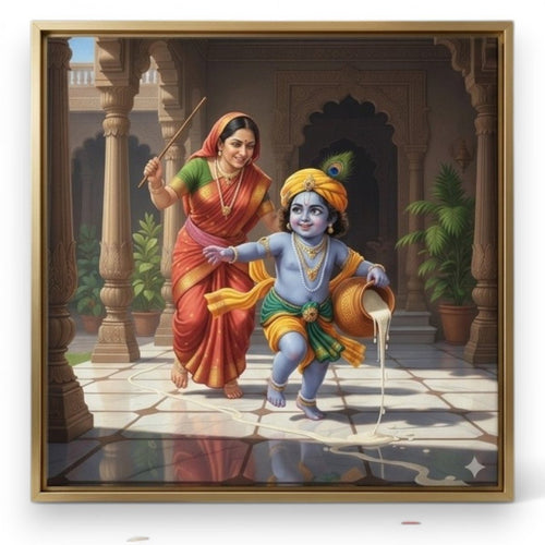 Eternal Bal Leela: The Butter Thief’s Escape: Radiant Bal Krishna & Yashoda’s Joy (36 x 36 Inches)