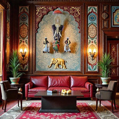 Eternal Heritage: Hand - Painted Elephant Procession Wall Hanging (30 x 26 Inches)