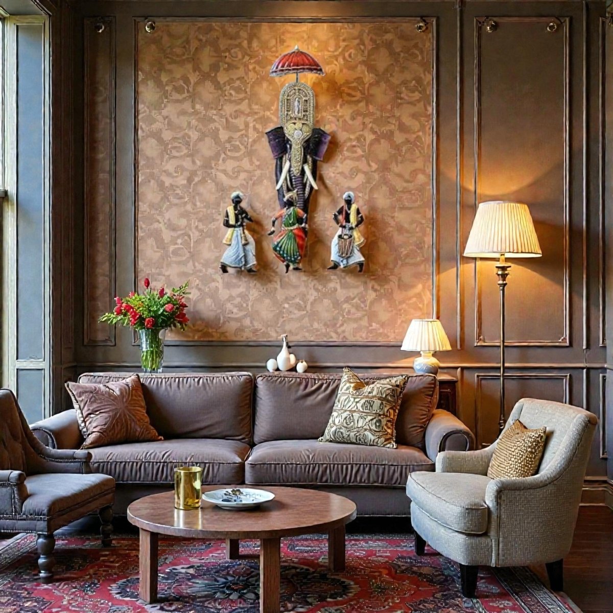 Eternal Heritage: Hand - Painted Elephant Procession Wall Hanging (30 x 26 Inches)