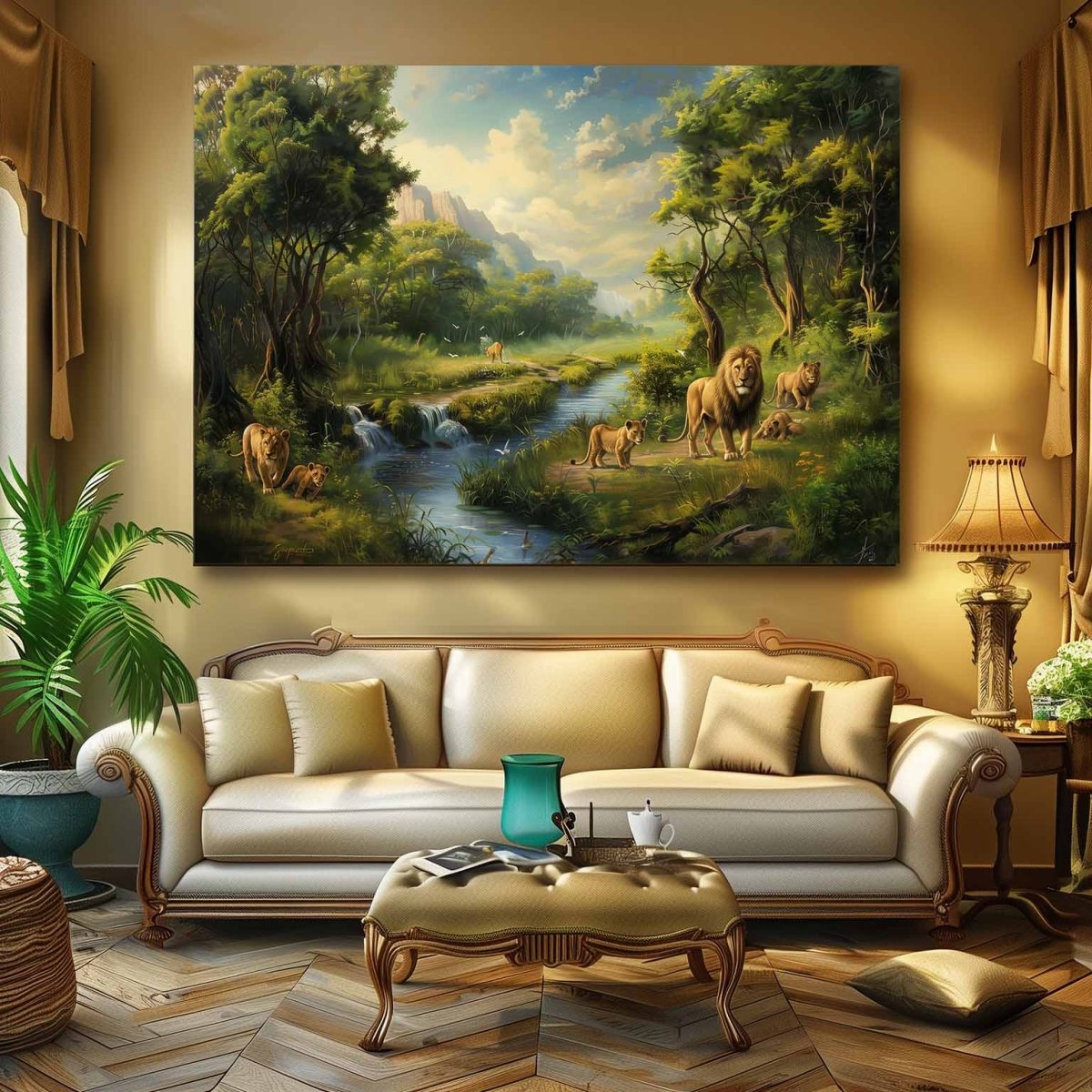 Family Gathering at the Savannah's Edge Canvas Wall Art (36 x 24 Inches)
