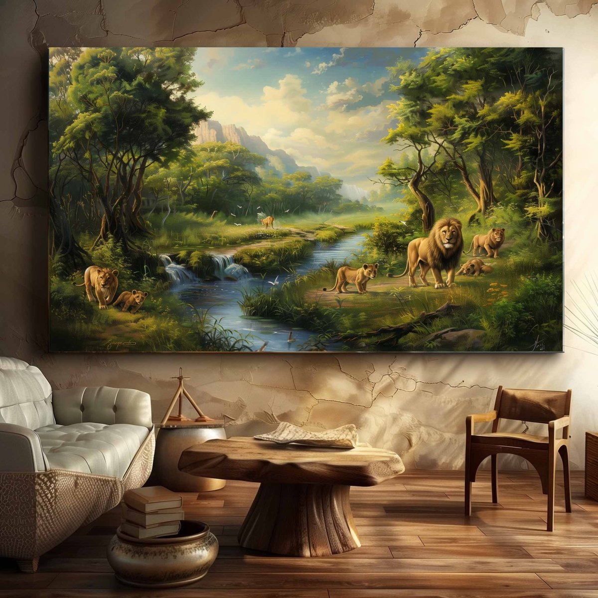 Family Gathering at the Savannah's Edge Canvas Wall Art (36 x 24 Inches)
