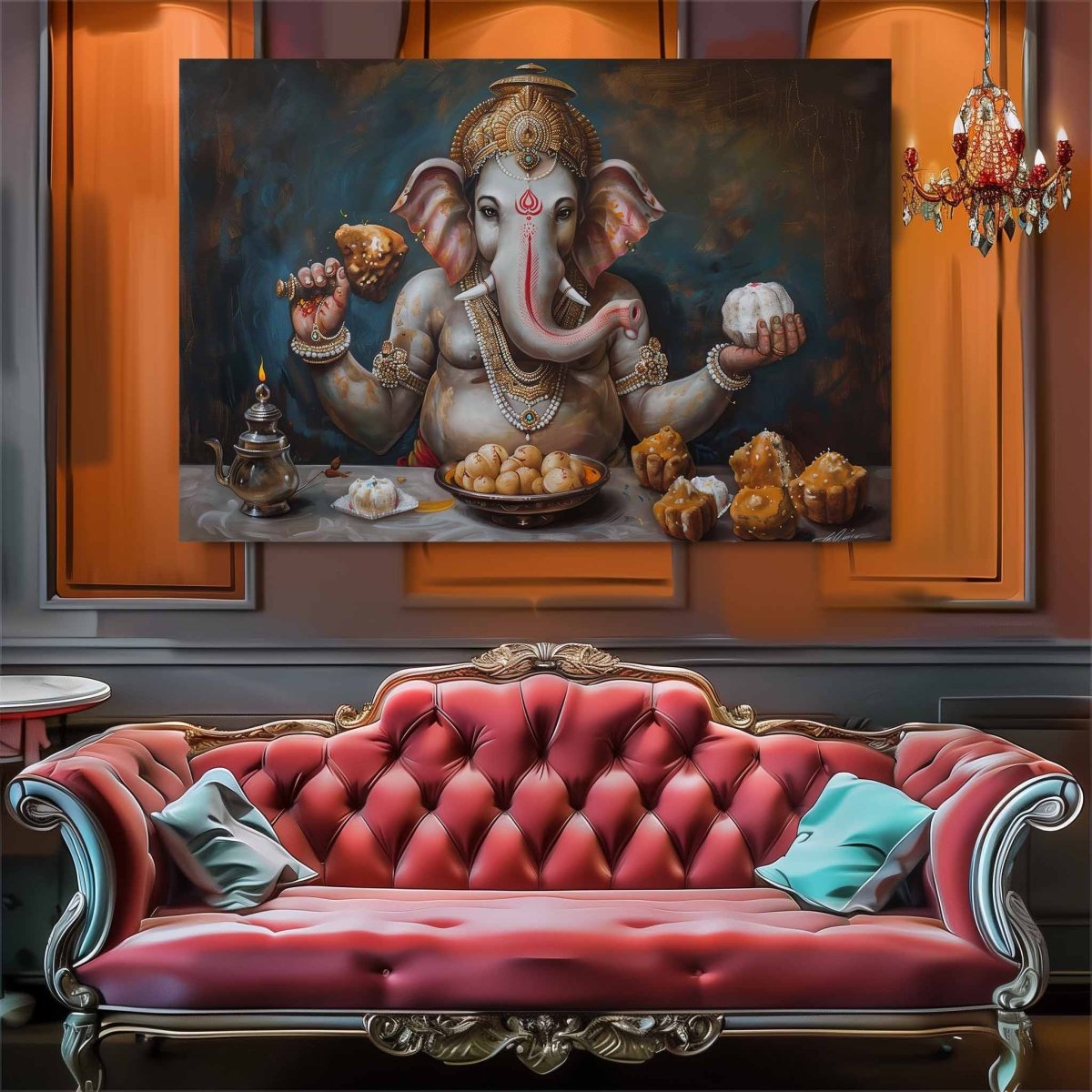 Ganesha's Sweet Feast Canvas Wall Painting (36 x 24 Inches)