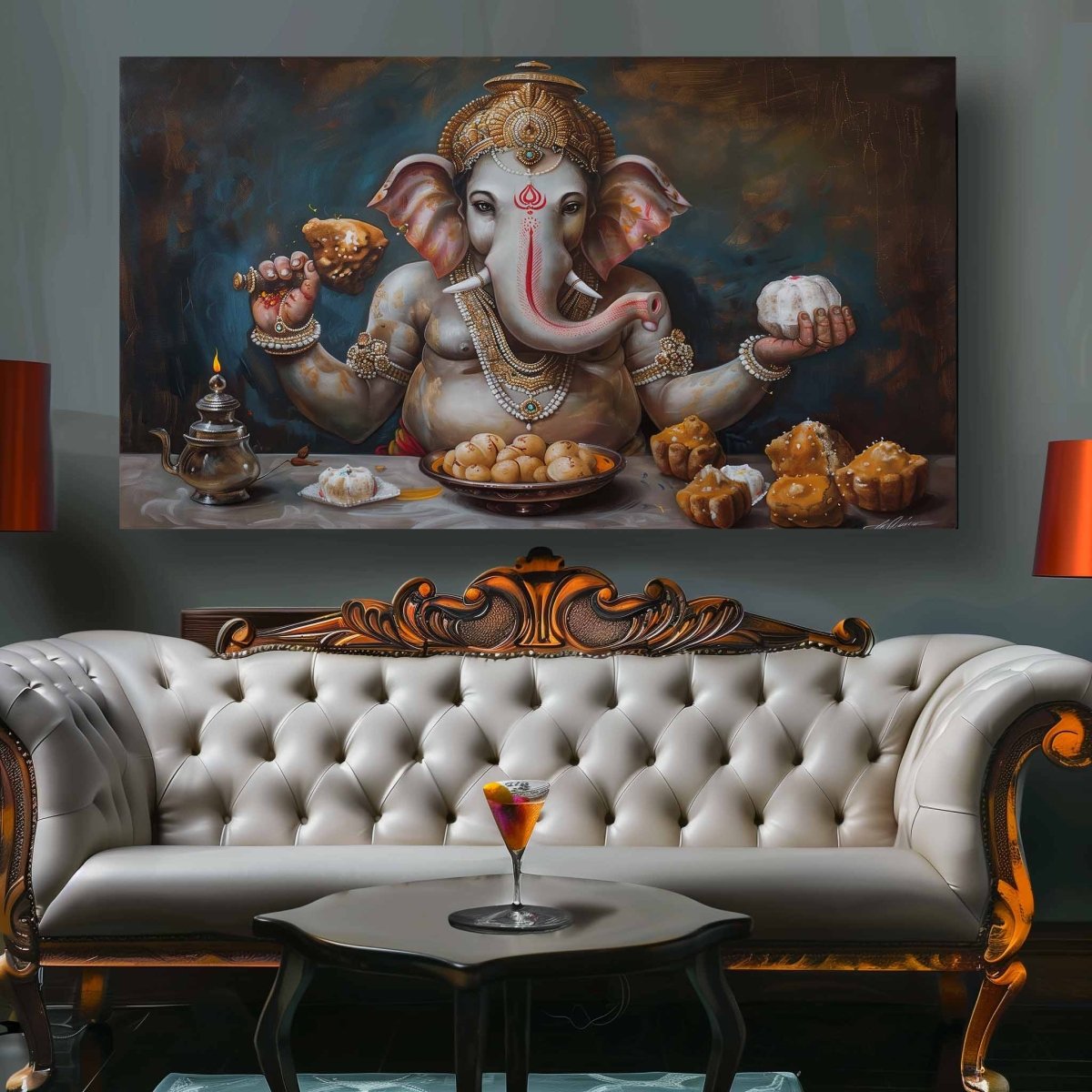 Ganesha's Sweet Feast Canvas Wall Painting (36 x 24 Inches)