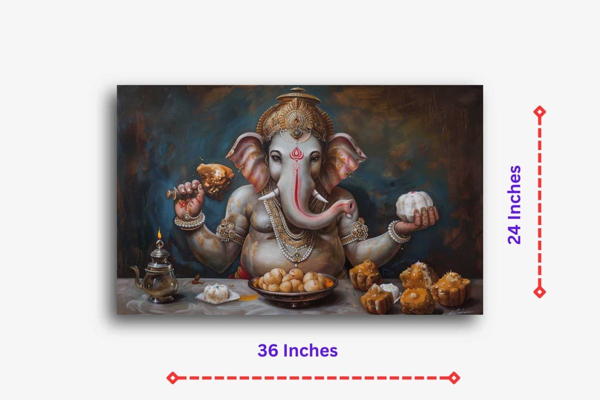 Ganesha's Sweet Feast Canvas Wall Painting (36 x 24 Inches)