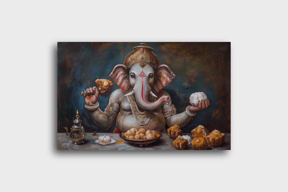 Ganesha's Sweet Feast Canvas Wall Painting (36 x 24 Inches)