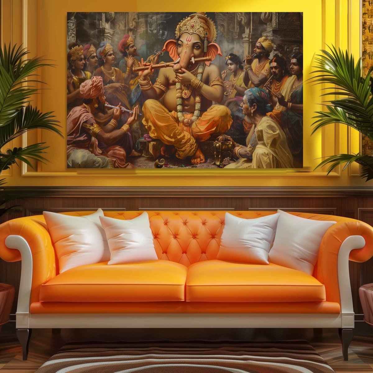 Ganesha:The Divine Ensemble Canvas Wall Painting (36 x 24 Inches)