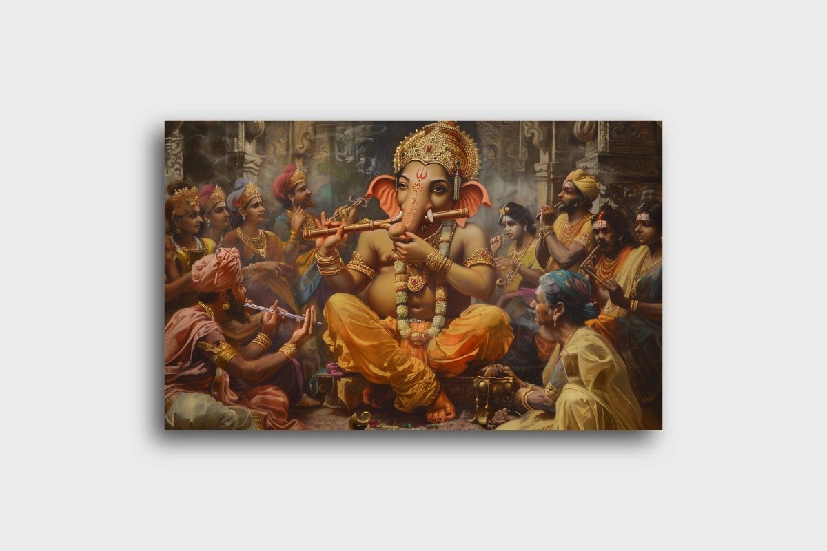 Ganesha:The Divine Ensemble Canvas Wall Painting (36 x 24 Inches)