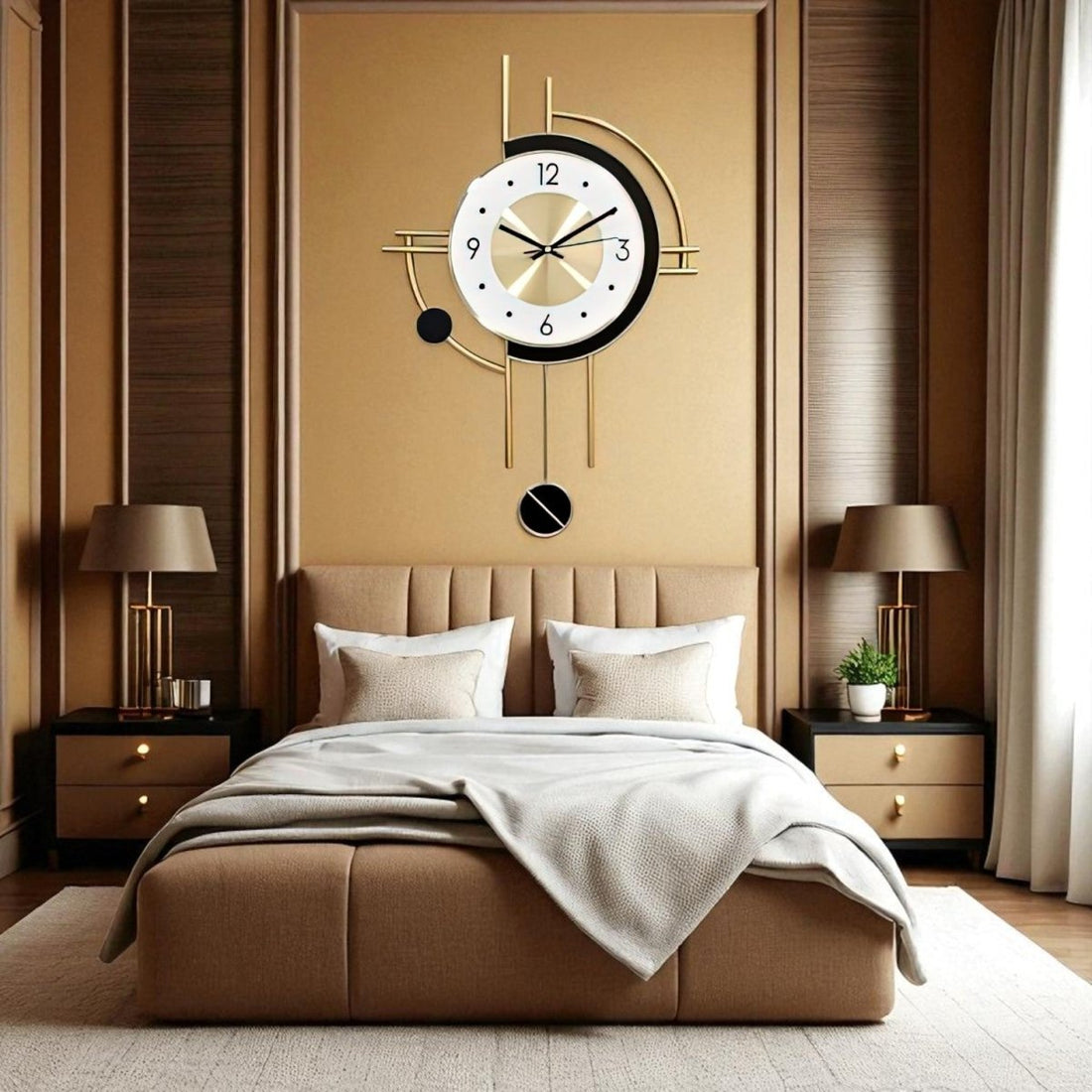 Geometric Cadence:Gold & White Wall Clock (22 x 15 Inches)