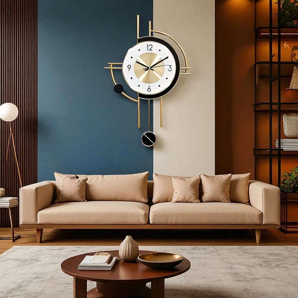 Geometric Cadence:Gold & White Wall Clock (22 x 15 Inches)