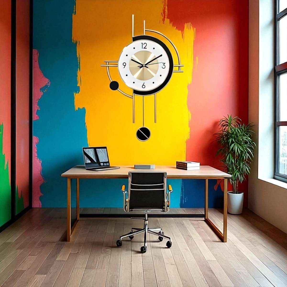 Geometric Cadence:Gold & White Wall Clock (22 x 15 Inches)