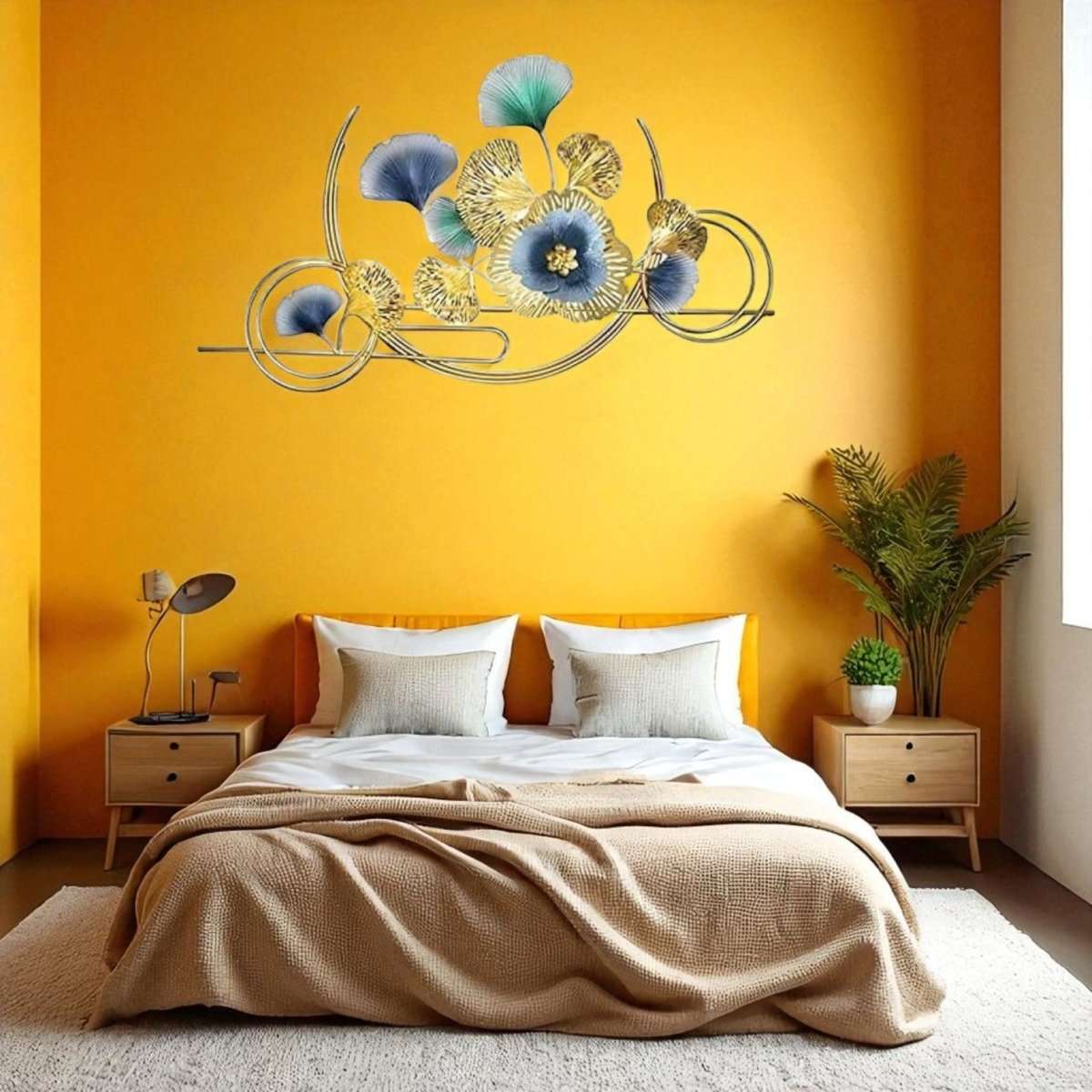 Gold & Blue Metal Flower Wall Hanging – Modern Art for Bedroom, Hall & Office (125 x 75 CM)