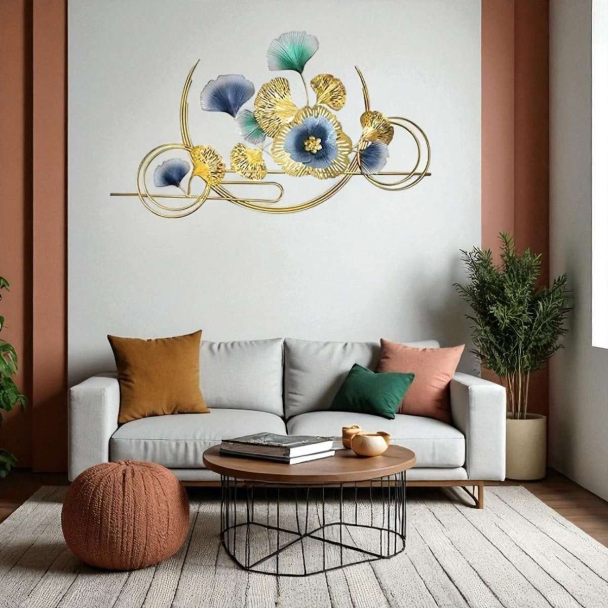 Gold & Blue Metal Flower Wall Hanging – Modern Art for Bedroom, Hall & Office (125 x 75 CM)