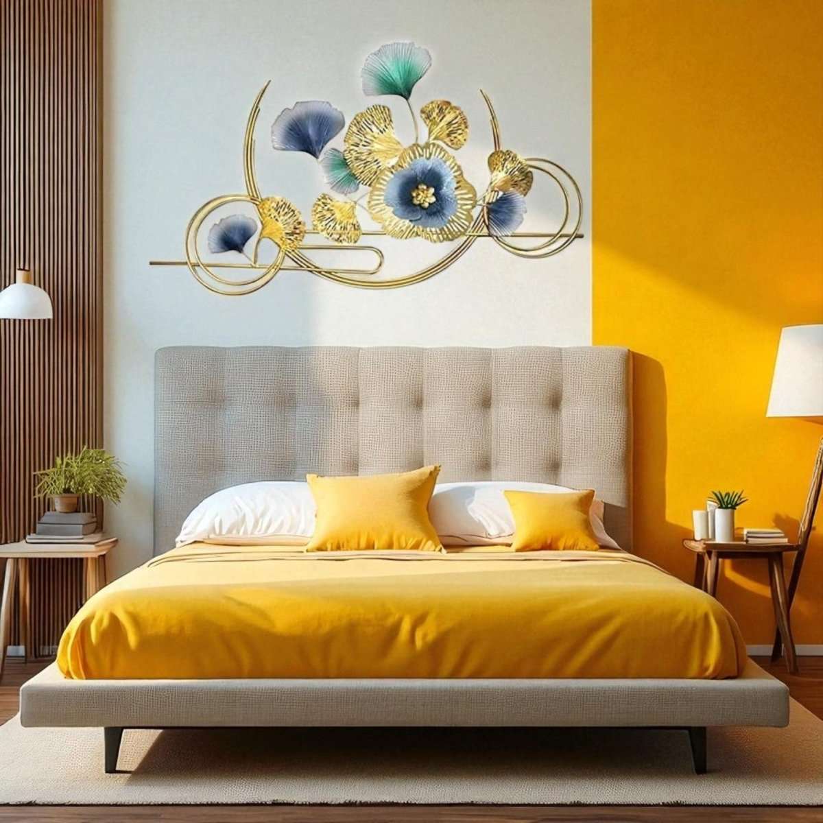 Gold & Blue Metal Flower Wall Hanging – Modern Art for Bedroom, Hall & Office (125 x 75 CM)