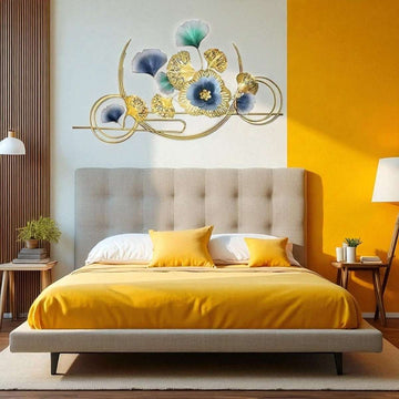 Gold & Blue Metal Flower Wall Hanging – Modern Art for Bedroom, Hall & Office (125 x 75 CM)