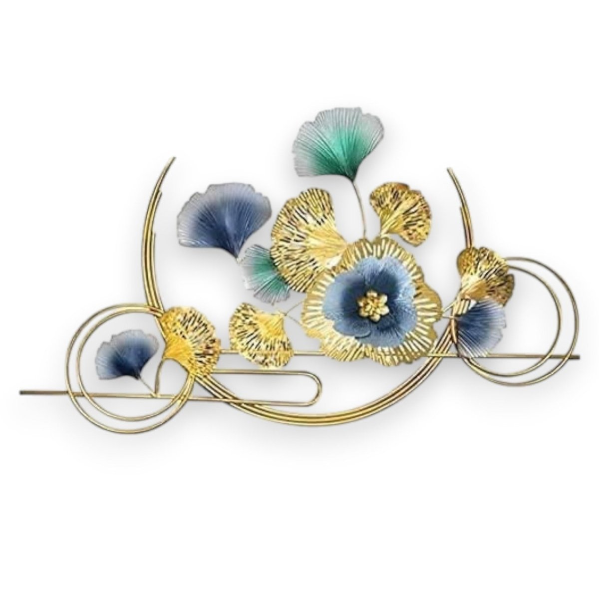 Gold & Blue Metal Flower Wall Hanging – Modern Art for Bedroom, Hall & Office (125 x 75 CM)