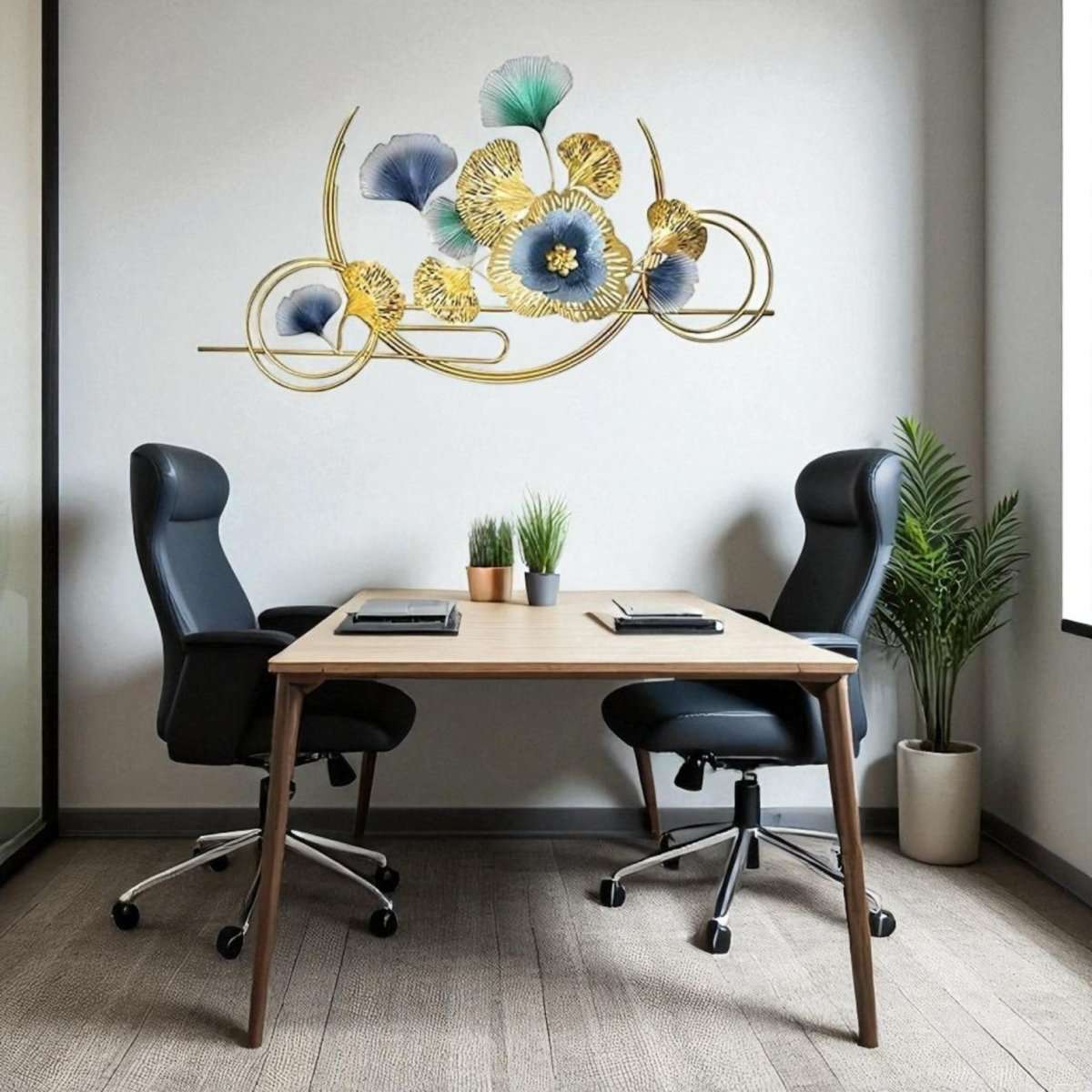 Gold & Blue Metal Flower Wall Hanging – Modern Art for Bedroom, Hall & Office (125 x 75 CM)
