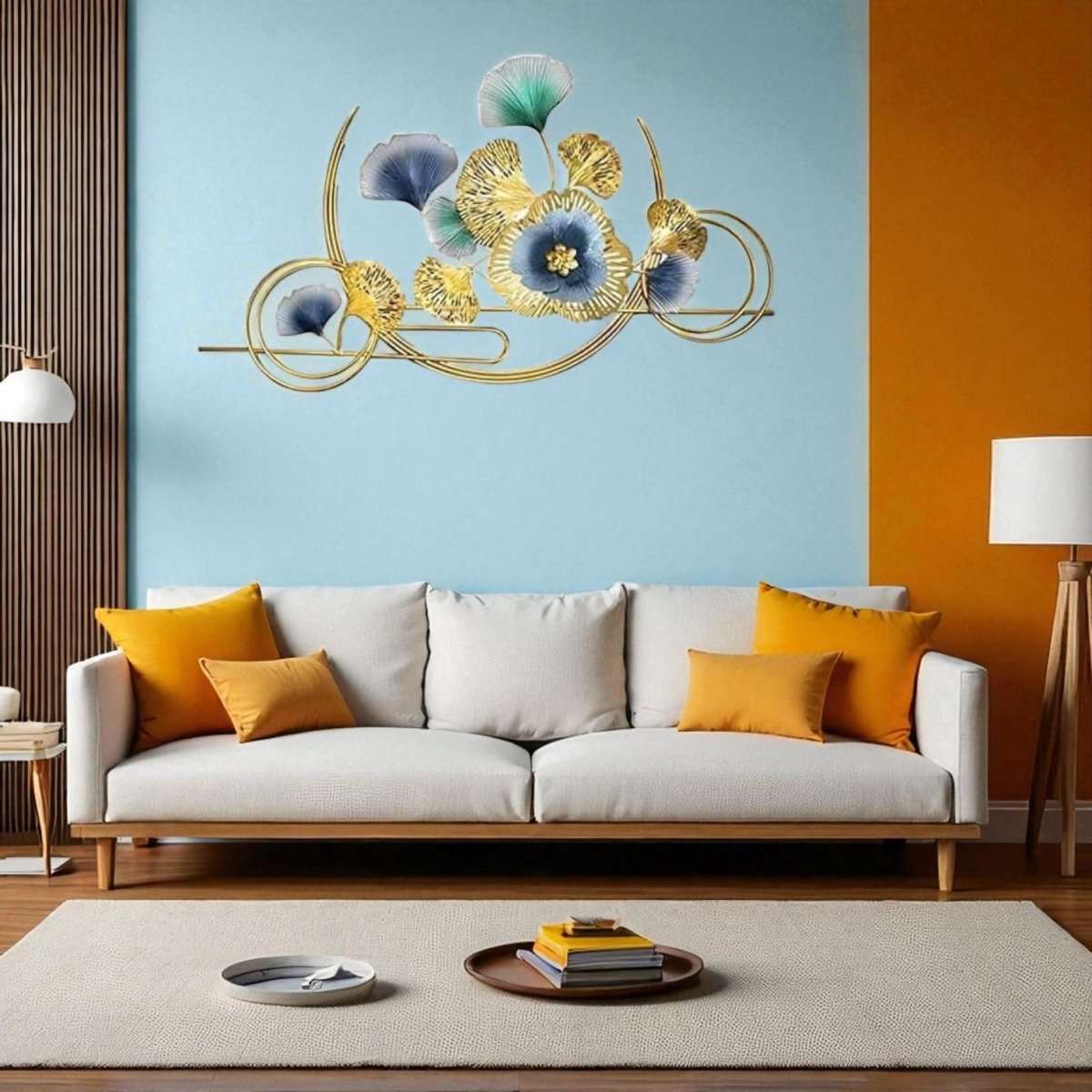 Gold & Blue Metal Flower Wall Hanging – Modern Art for Bedroom, Hall & Office (125 x 75 CM)