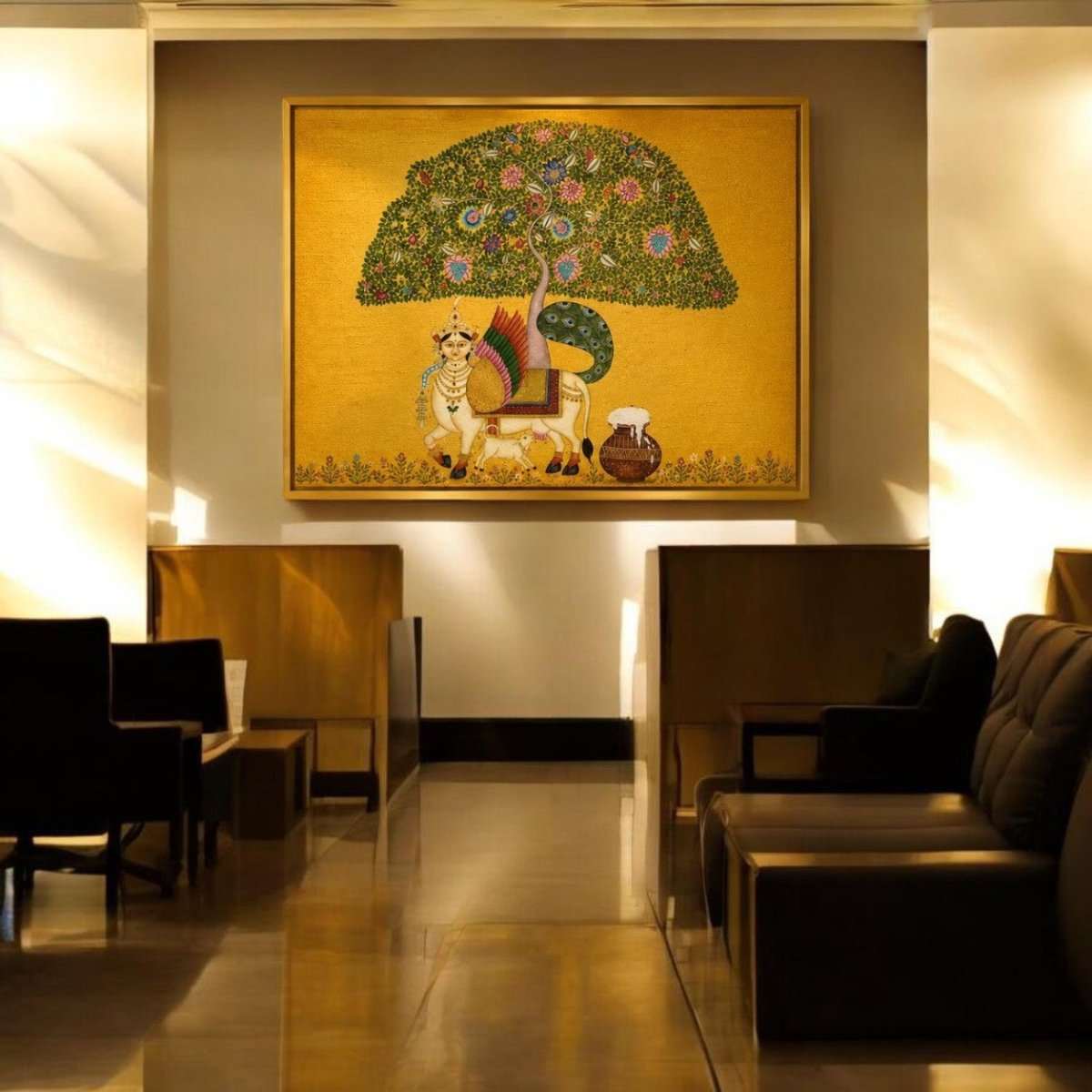 Golden Abundance: Pichwai Style Tree of Life and Sacred Cow Canvas (36 x 24 Inches)