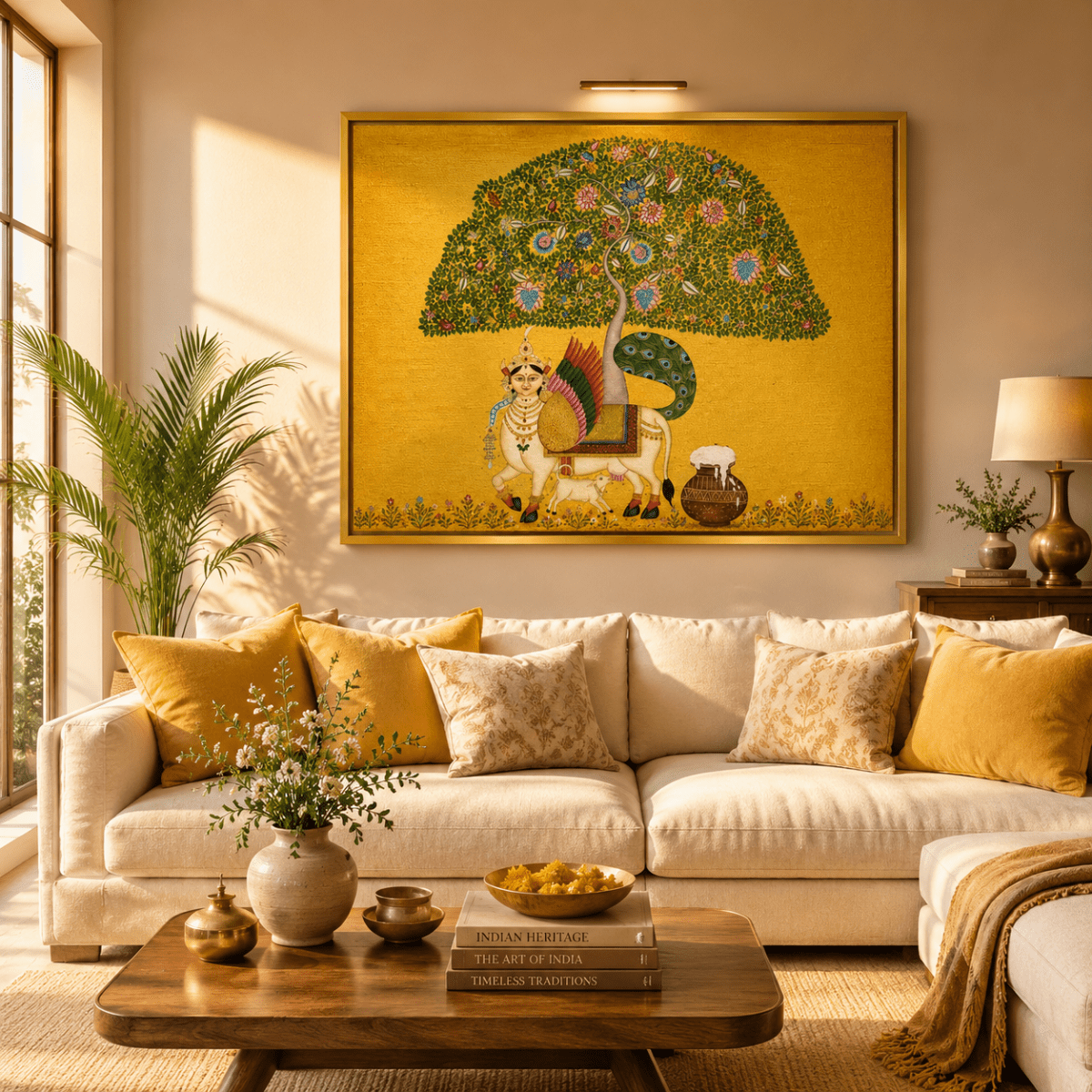 Golden Abundance: Pichwai Style Tree of Life and Sacred Cow Canvas (36 x 24 Inches)