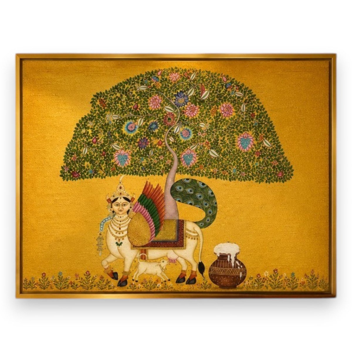 Golden Abundance: Pichwai Style Tree of Life and Sacred Cow Canvas (36 x 24 Inches)