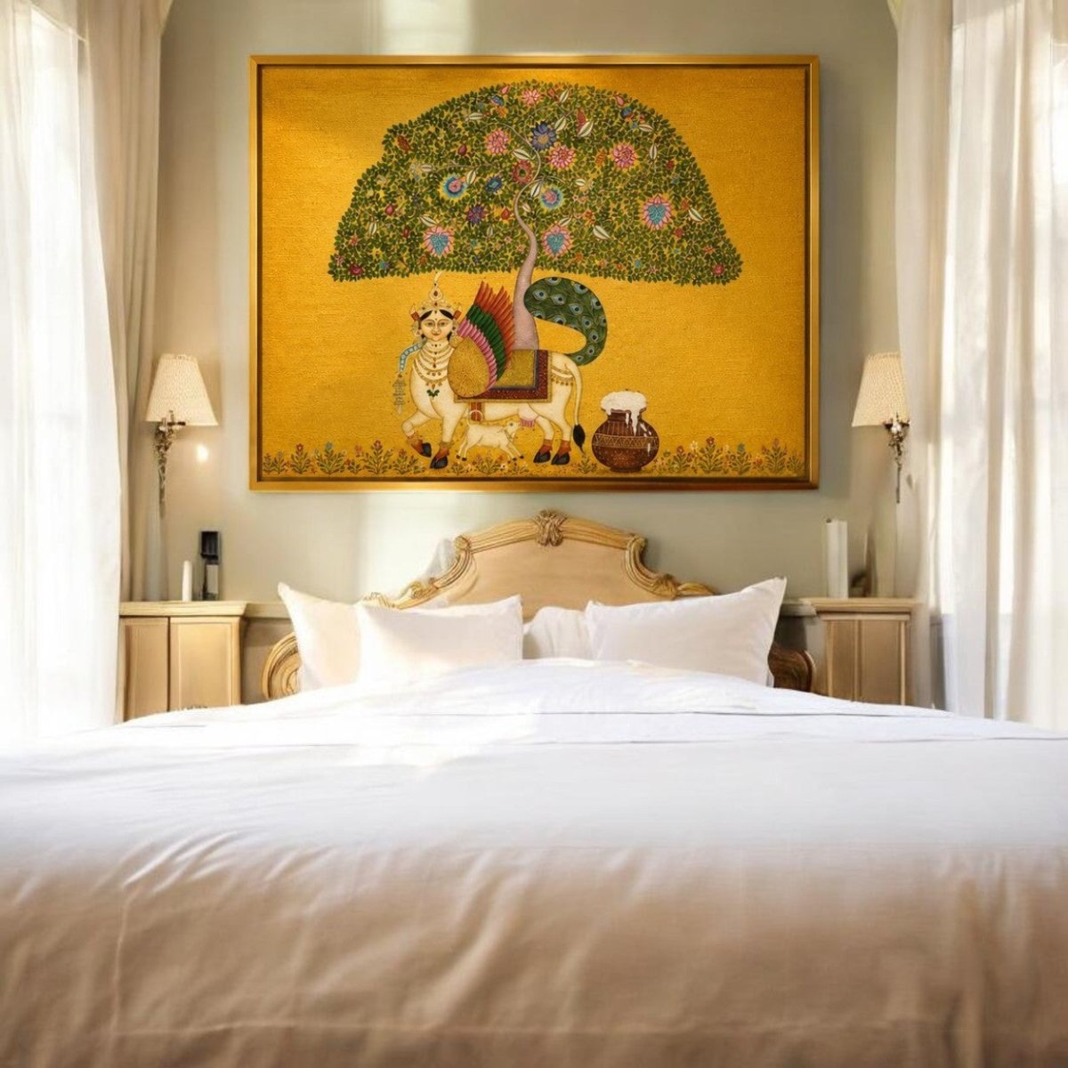 Golden Abundance: Pichwai Style Tree of Life and Sacred Cow Canvas (36 x 24 Inches)