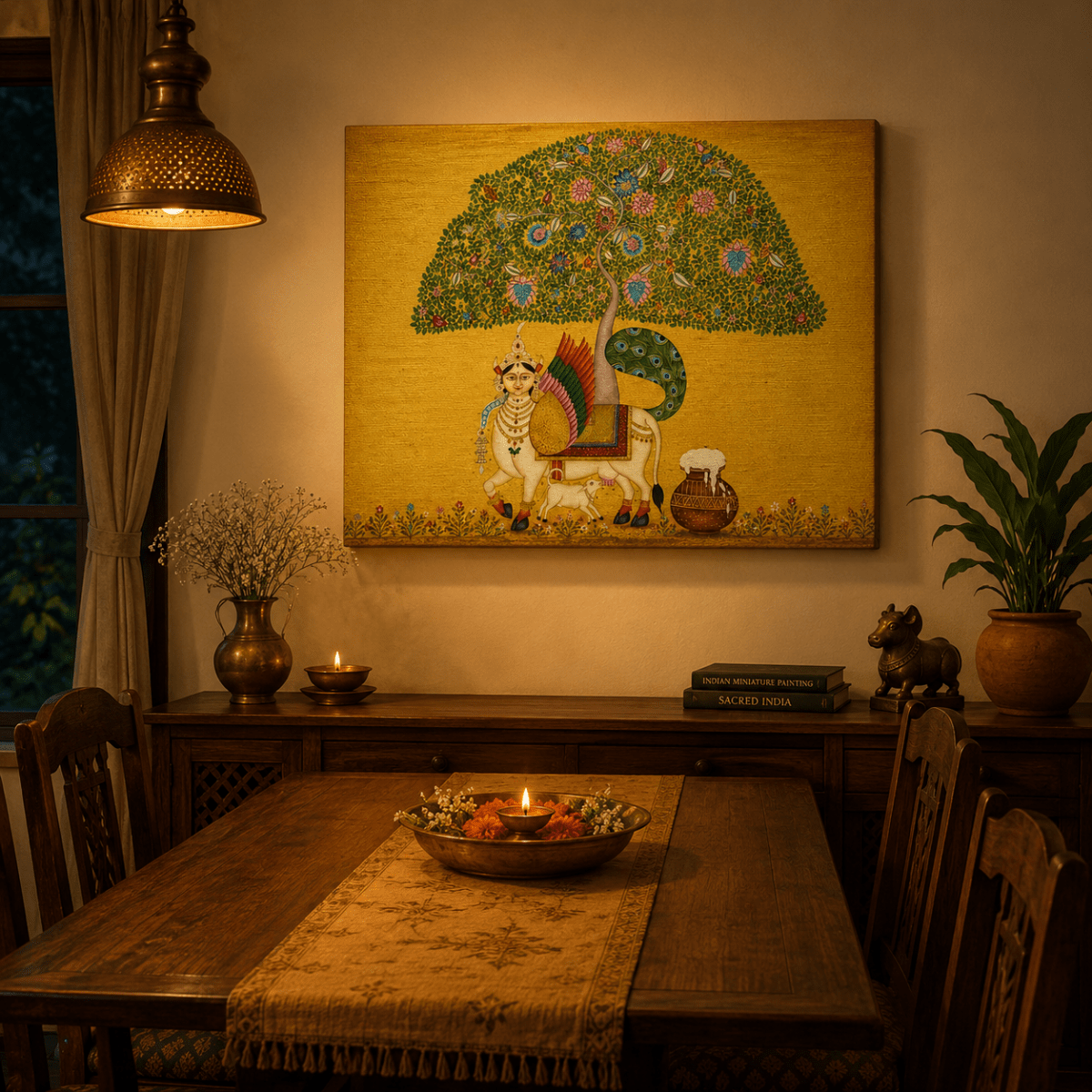 Golden Abundance: Pichwai Style Tree of Life and Sacred Cow Canvas (36 x 24 Inches)