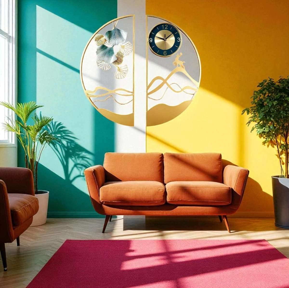 Golden Ginkgo & Deer Wall Art Clock (31.4 x 31.4 Inches)