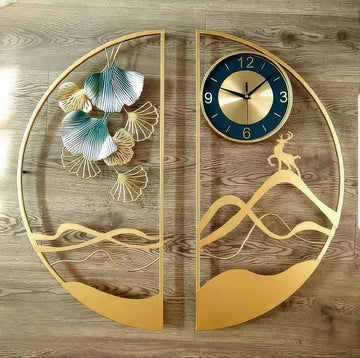 Golden Ginkgo & Deer Wall Art Clock (31.4 x 31.4 Inches)