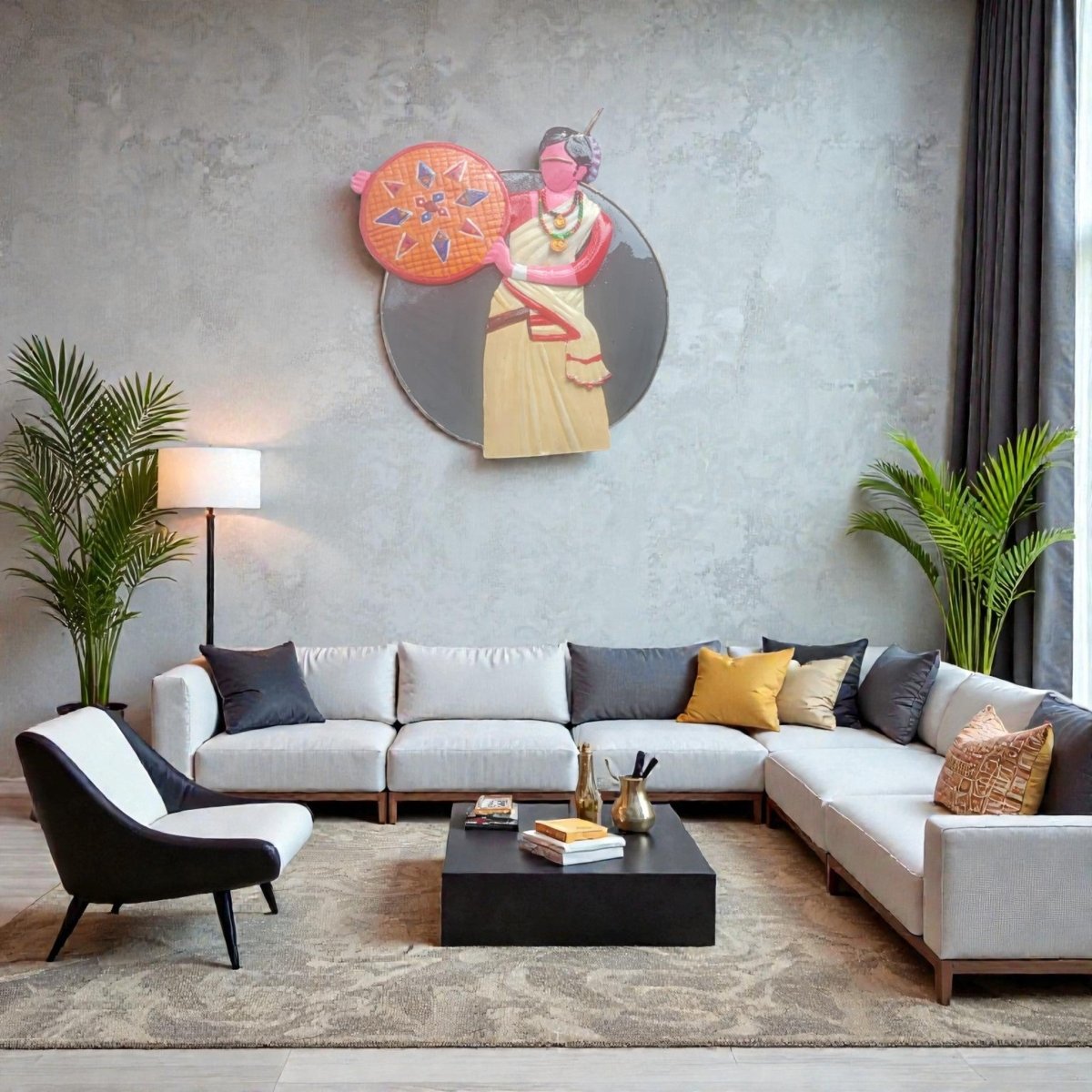 Golden Heritage: 3D Jaapi & Mekhela Chador Metal Mural (24 x 24 Inches)