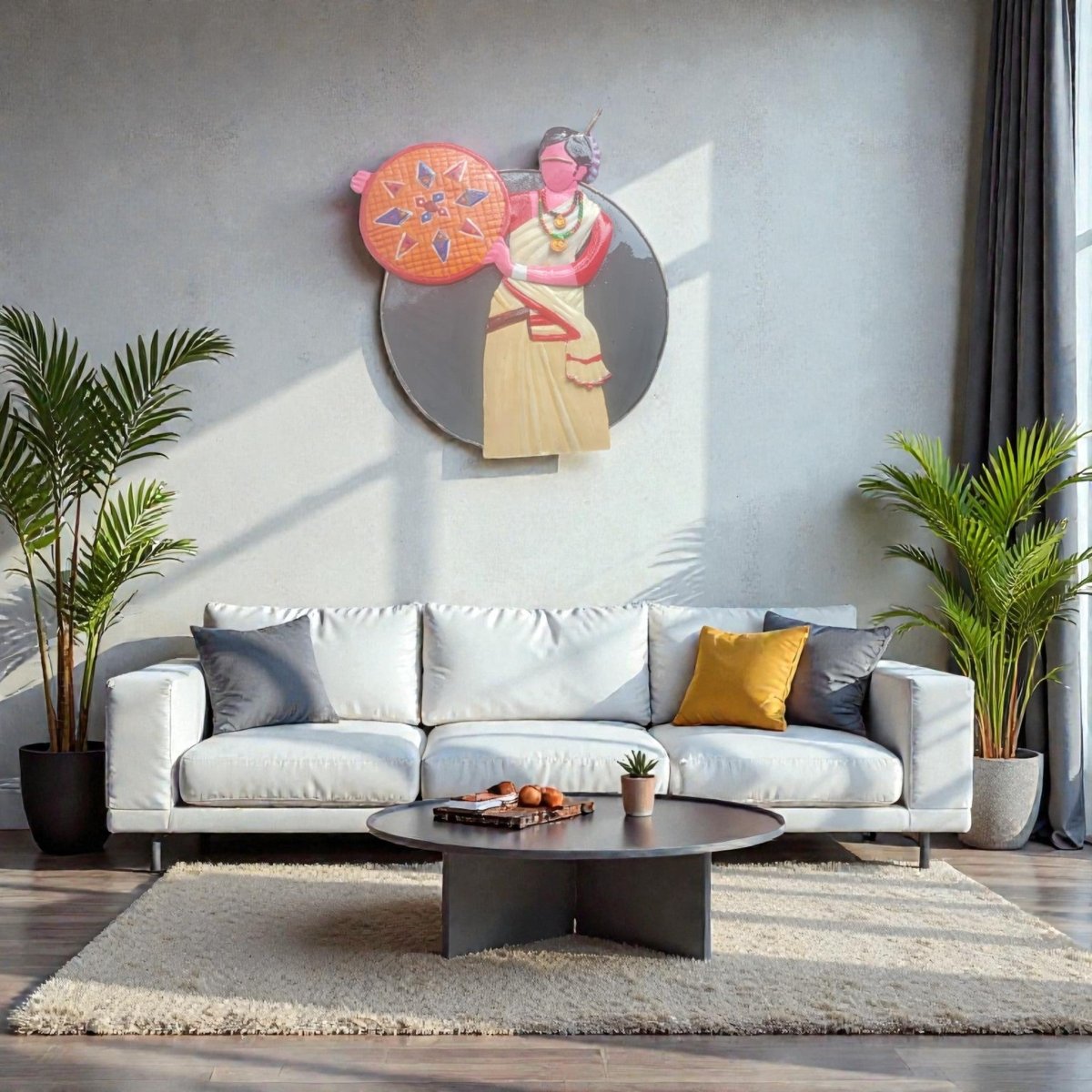 Golden Heritage: 3D Jaapi & Mekhela Chador Metal Mural (24 x 24 Inches)