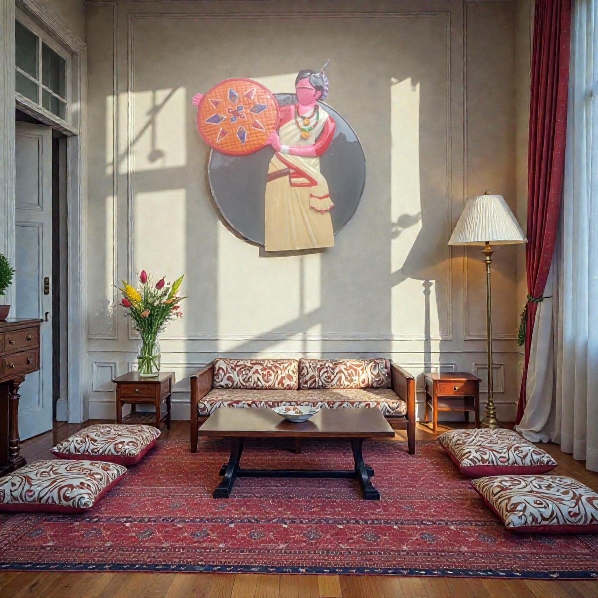 Golden Heritage: 3D Jaapi & Mekhela Chador Metal Mural (24 x 24 Inches)