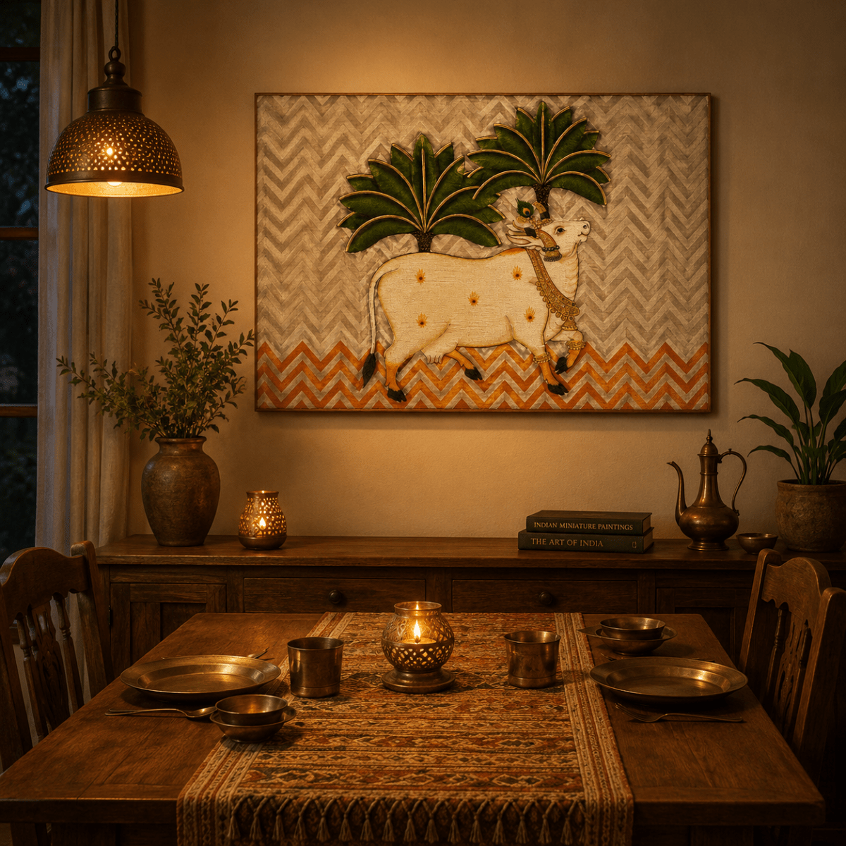 Golden Hooves: Contemporary Indian Folk Art Pichwai Cow Painting (36 x 24 Inches)