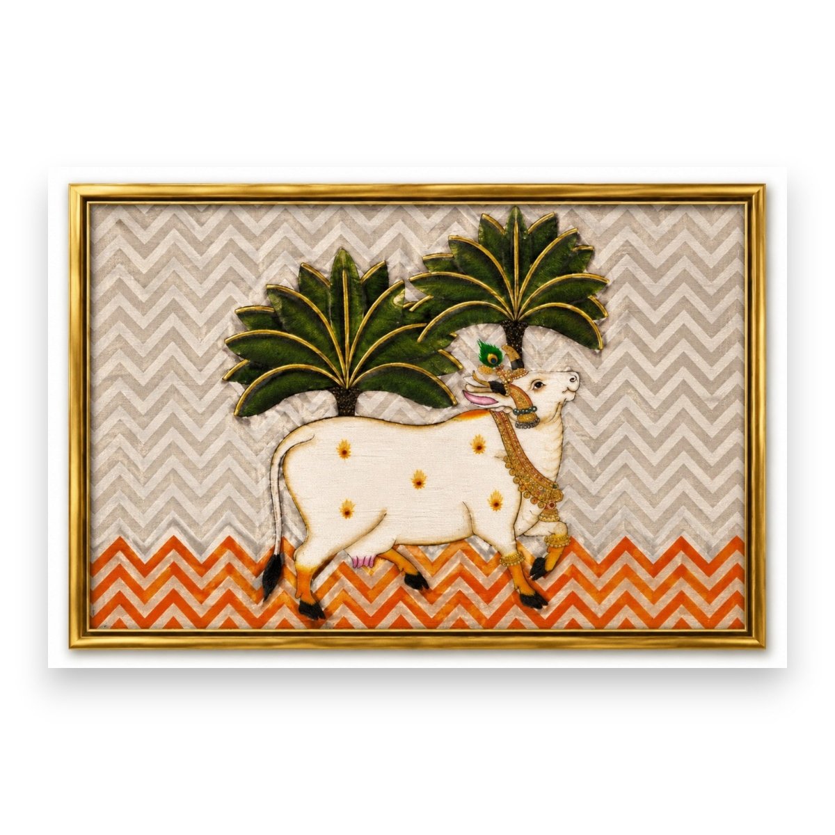 Golden Hooves: Contemporary Indian Folk Art Pichwai Cow Painting (36 x 24 Inches)