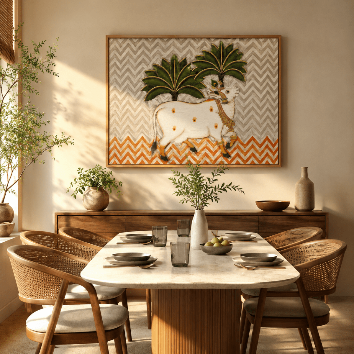 Golden Hooves: Contemporary Indian Folk Art Pichwai Cow Painting (36 x 24 Inches)
